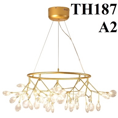 Đèn hera lá thủy tinh TH187A2 loại 63 bóng dạng vòng thân sơn vàng, lá thủy tinh trắng trong, KT(mm): 1250 x 400